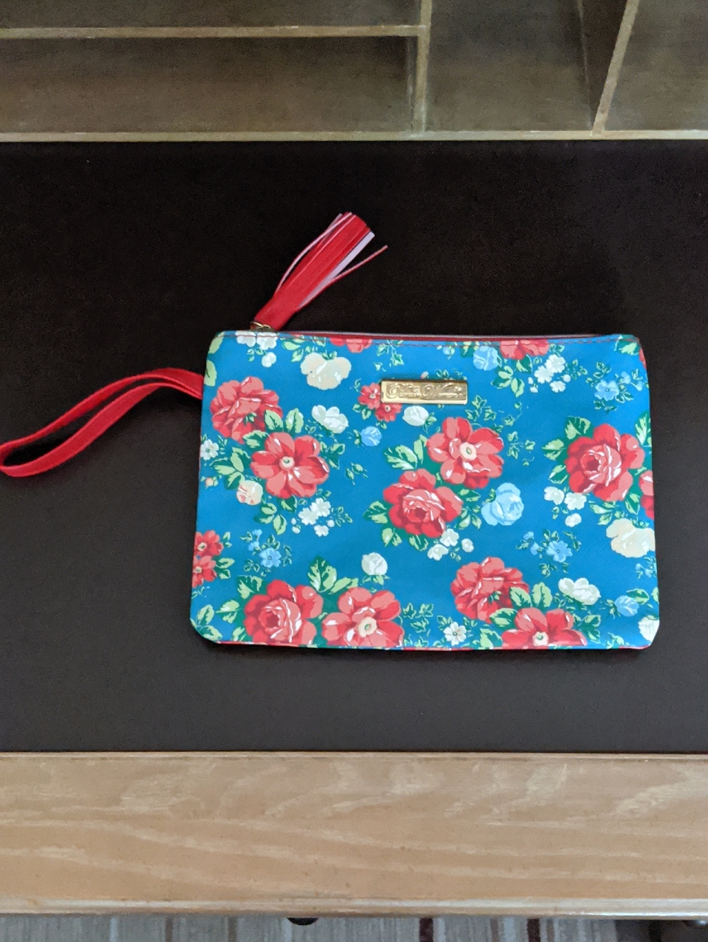Pioneer Woman Floral Clutch Wristlet Bag Makeup Cosmetics Pouch Red Tassel Zip